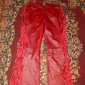 Red leather fringe pants